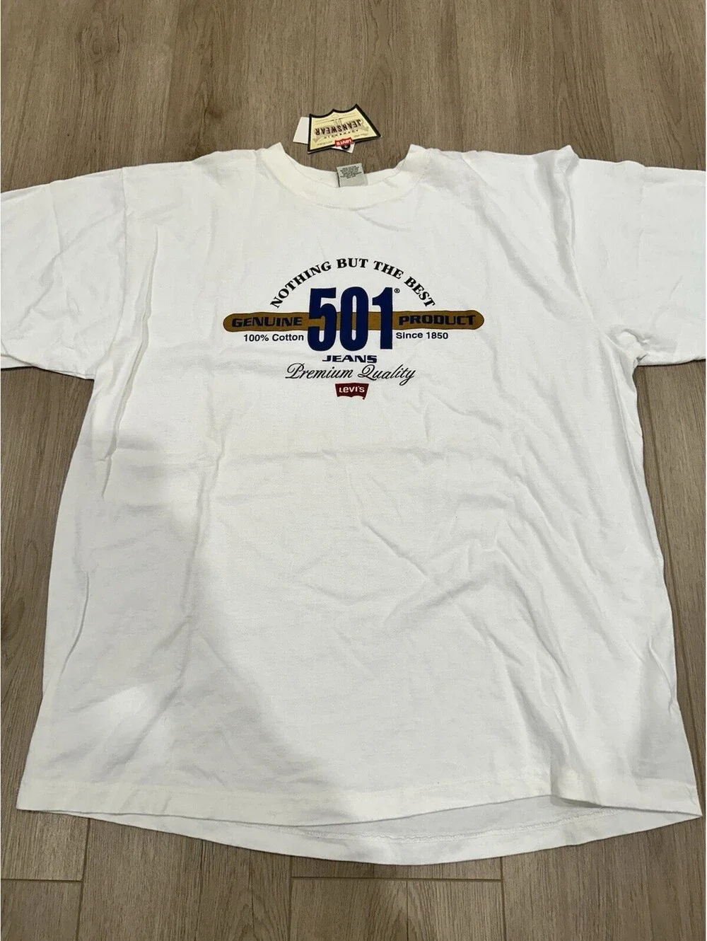 NWT VTG 90s LEVIS 501 Promo Genuine USA Made Jeans White Tee T-Shirt Mens Large